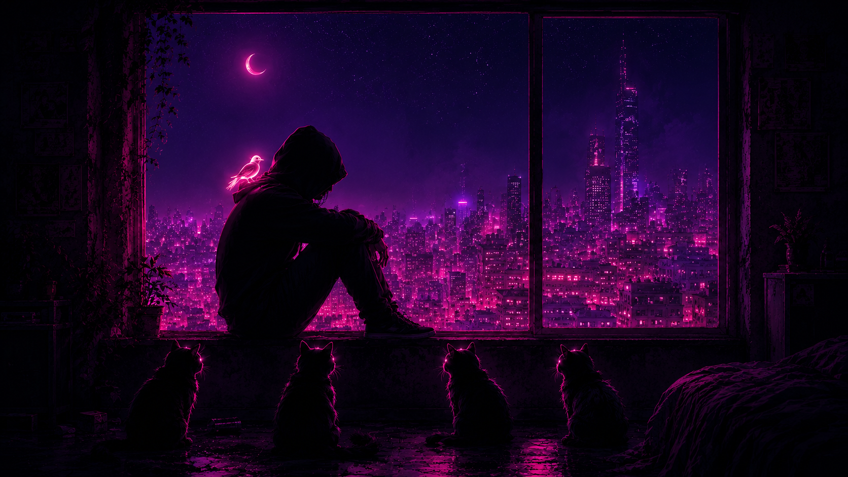 A hooded figure sits on a windowsill with a glowing neon sparrow on their shoulder, four cats silhouetted below, overlooking a neon-lit city at night